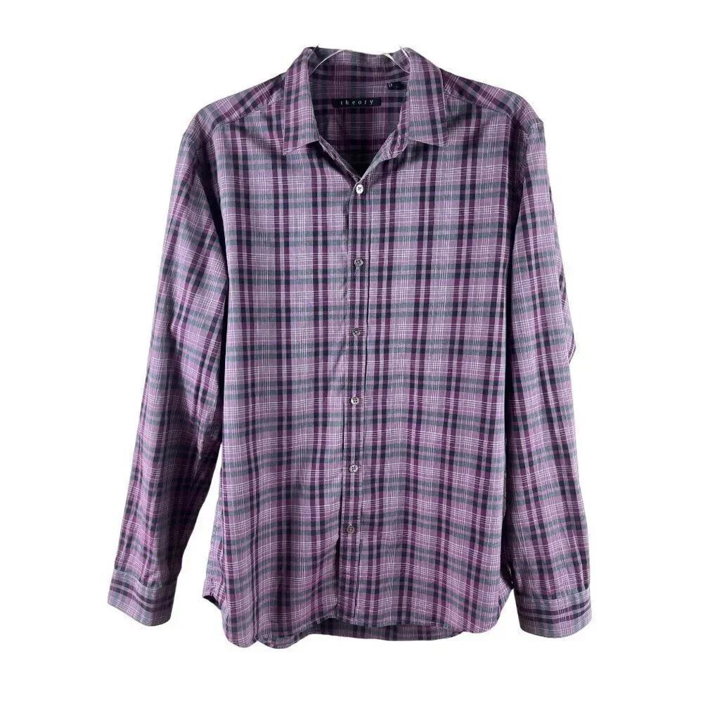 Theory Mens Zack Plaid Casual Button Up Collared Long Sleeve Shirt Large Purple